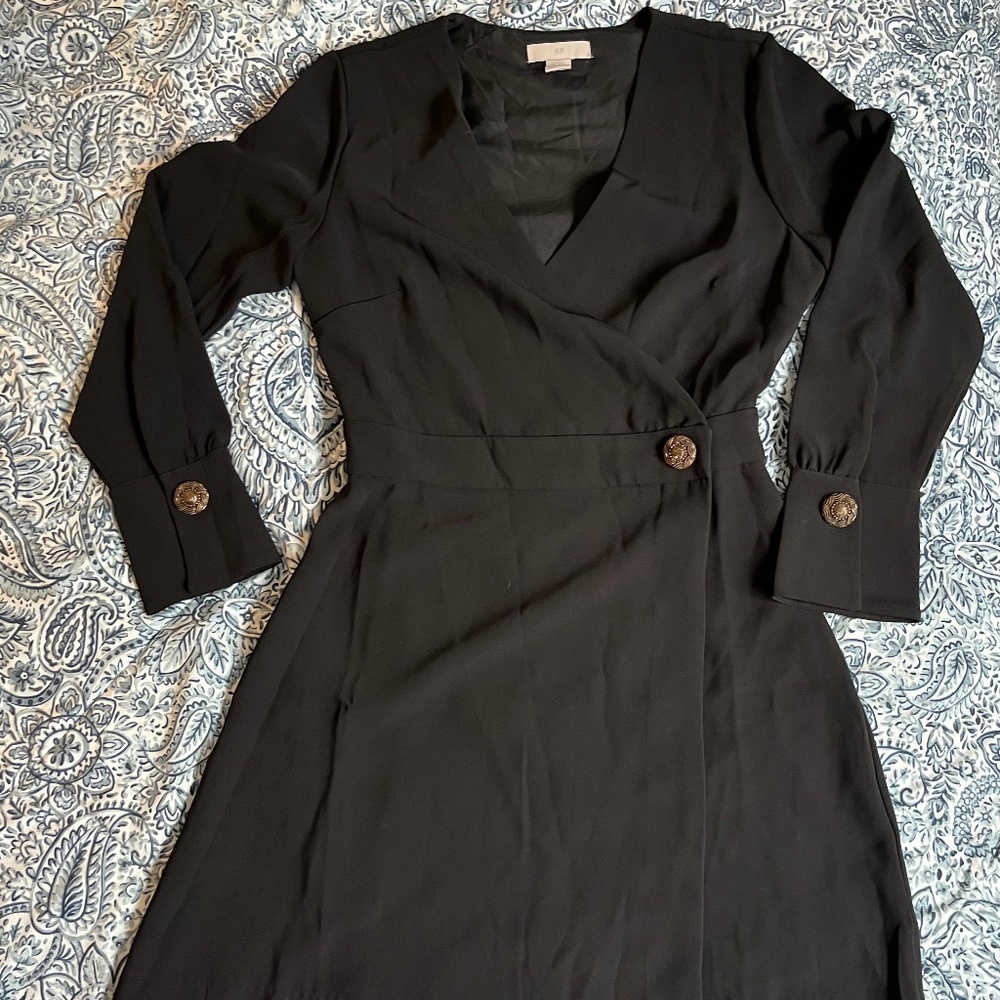 H&M Black Wrap Front Dress with Vintage Buttons